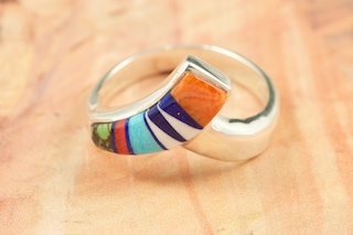 Genuine Sleeping Beauty Turquoise, Spiny Oyster Shell and Blue Lapis inlaid in Sterling Silver. Stunning Ring Designed by Navajo Artist Calvin Begay. Signed.